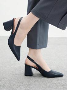 CUCCOO BIZCHIC 尖头粗高跟深蓝色系带简约女式浅口鞋，适合日常、通勤、工作装 - 藍色 - 查看 1