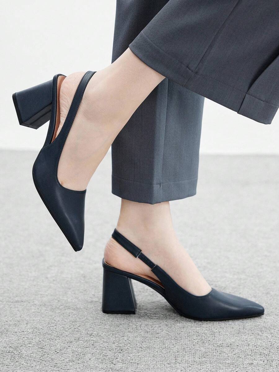 CUCCOO BIZCHIC 尖头粗高跟深蓝色系带简约女式浅口鞋，适合日常、通勤、工作装 - 藍色 - 查看 1