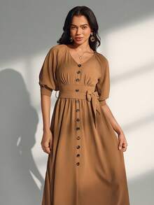 Almamuse 女士优雅装饰纽扣 V 领长袖系腰中长连衣裙 - 卡其色 - 查看 3