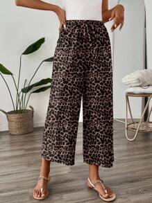 SHEIN LUNE 女装休闲时尚街头豹纹打结松紧腰宽松阔腿九分裤适合出门豹纹裤女阔腿裤夏季阔腿裤豹纹裤动物纹裤女豹纹阔腿裤女阔腿裤秋装冬装