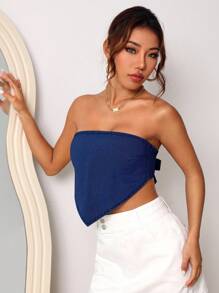 SHEIN Frenchy Women's Blue Backless Tube Denim Top, Front Short Back Long Denim Strap Tube Top Summer Vacation - Dark Wash - View 4