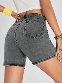 SHEIN EZwear 夏季休闲水洗高腰牛仔短裤 - 淺灰色 - 查看 2