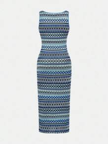 SHEIN 少女夏季休闲无袖长款几何图案侧开衩连衣裙，适合夏季、毕业典礼、返校、度假、节日、午餐、音乐节 - 藍色 - 查看 2