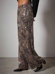 COSMINA 女士优雅亮片刺绣直筒宽松裤 - 咖啡棕 - 查看 6