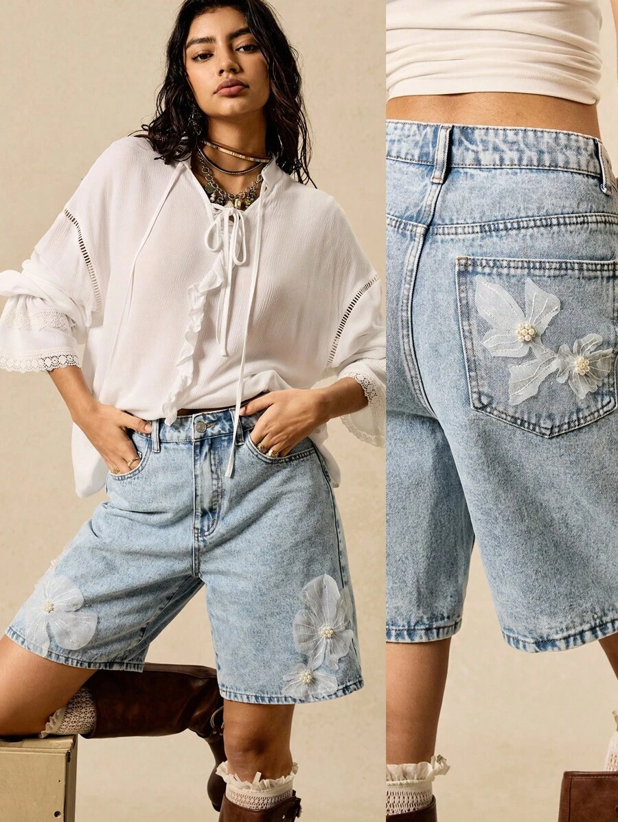 Easelle Jeans azules sueltos de pierna recta con roturas, con bordados de corazón y estrella, para mujer, para primavera/verano