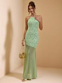 SHEIN BAE Đầm hở lưng lưới đan họa tiết màu xanh lá cây cho nữ, Đầm gợi cảm, Đầm ngày lễ, Thích hợp cho tiệc tùng, những dịp trang trọng vào mùa xuân/hè - màu xanh lá - Xem 4