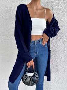 EURMUSE Casual Solid Color Double Pocket Mid-Length Cardigan - Navy Blue - View 5