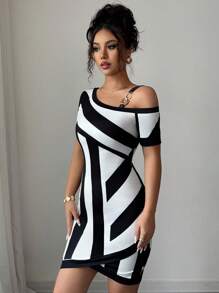 Elenzga Women's Summer Knitted Elastic Fitted Striped Geometric Print Asymmetric Asymmetrical Neck Short Sleeve Bodycon Hem Elegant Casual Mini Dress, Random Print - Black and White - View 4