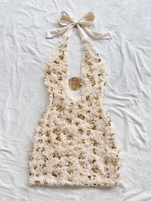 Soleia 女士新款亮片露背系带设计金属装饰迷你连衣裙，适合圣诞节、约会之夜、夜总会、海滩、游轮、下午茶、波西米亚风、波西米亚风、度假 - 杏色 - 查看 7