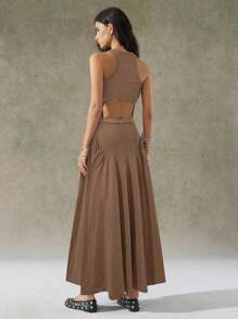 LYSMO 2025年新款女款驼色做旧水洗无袖露背连衣裙，夏季