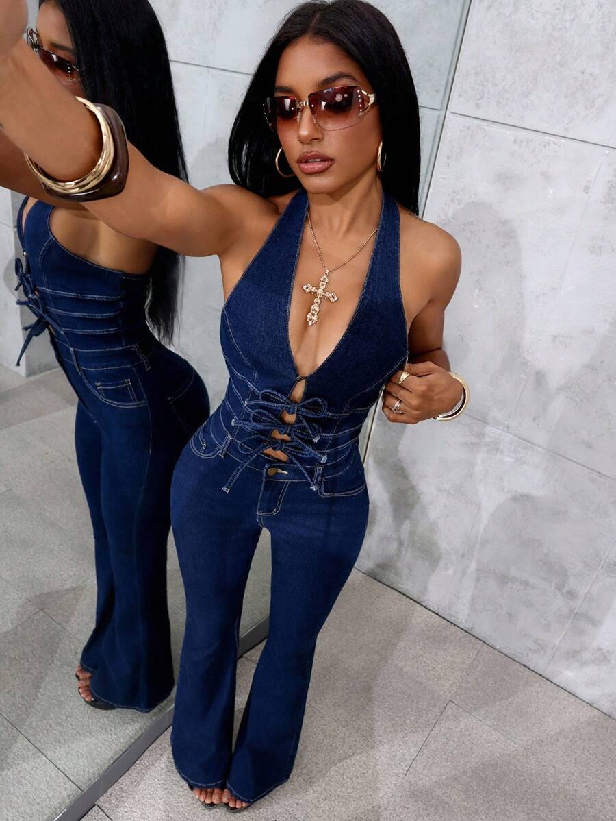Jeanoix Y2K Sexy Halter Tie-Front Bow Casual Denim Jumpsuit With Flared Legs