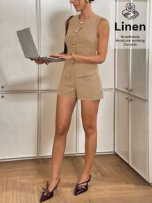 Siren Gaze Conjunto de chaleco y pantalones cortos de un solo botonadura de unicolor para mujer en otoño/invierno