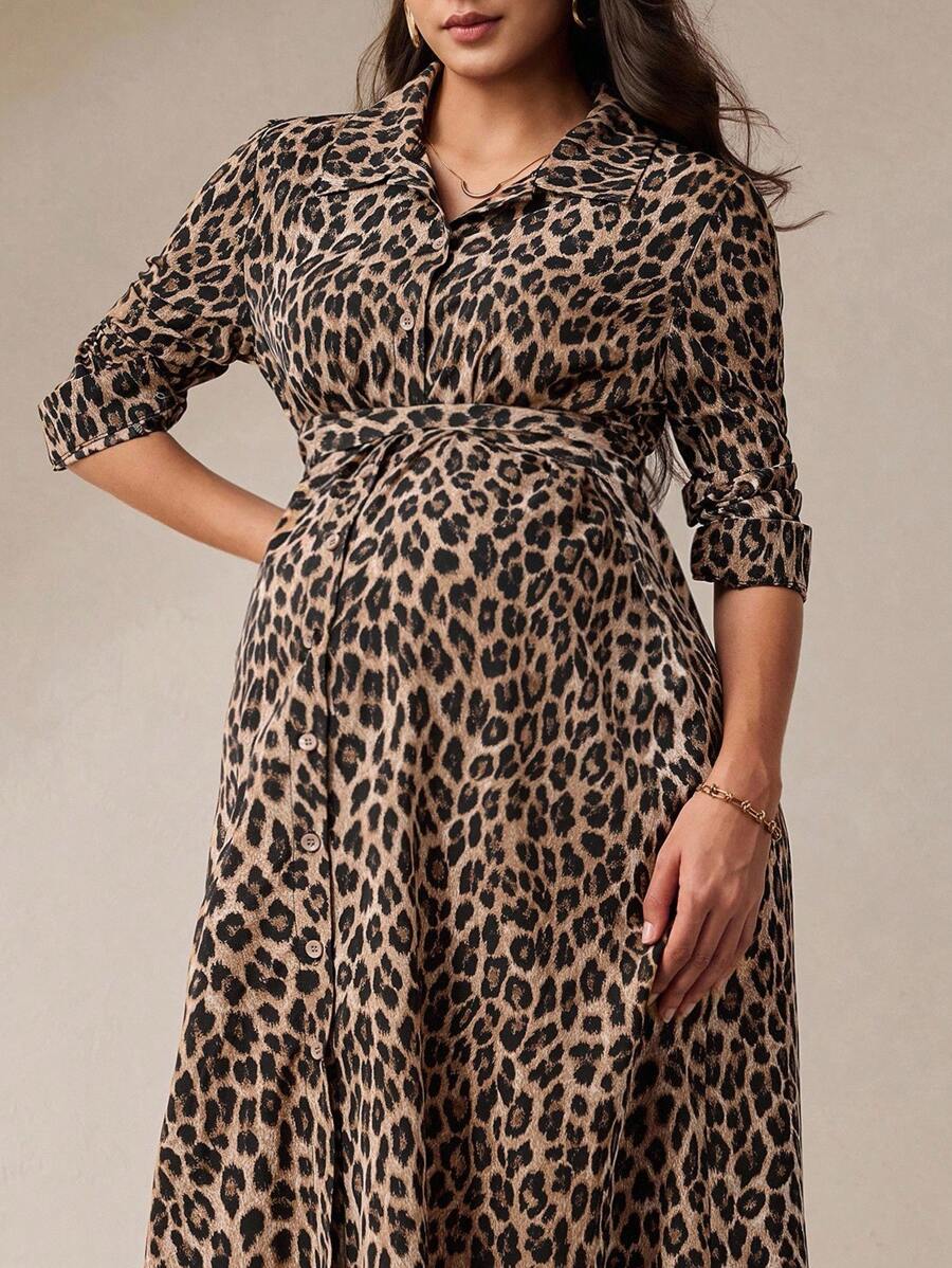 MaterniWear Office,Business Casual Woman,Fall Clothes,Autumn Clothes,Maternity Loose Button Down Shirt Dress, Long Pregnancy Dress For Fall - Coffee Brown - View 1