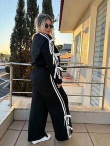 magalhaesca 2pcs Set Sweatshirt & Celana Kasual Hitam Motif Garis-garis Patchwork dan Pita Ukuran Plus, Musim Gugur - Hitam - View 2