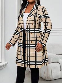 SHEIN Lady 春夏秋冬针织格纹印花翻领西装领双排扣大码中长款风衣 - 彩色 - 查看 5