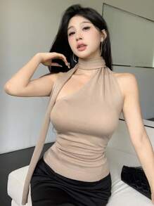 Celisse Necktie Loose Shoulder Back Elastic Soft Comfortable High Waist Halter Versatile Elegant Sexy Knitted Top, Suitable For Multiple Occasions' - Khaki - View 4