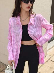 Aveloria Affinna Bluză de damă cu mânecă lungă, stil francez elegant, carouri contrastante delicate, lucrate manual cu mărgele, design de artificii, rever simplu - Roz - Vizualizare 5