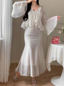 DAZY Completo da 2 pezzi composto da blusa in chiffon semplice e casual con laccetti e volant, e gonna a sirena aderente, adatto per matrimoni, lauree, feste, abbigliamento autunnale da donna - Beige - Visualizzare 9