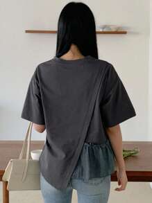 DAZY Women's Summer Solid Color Round Neck Drop Shoulder Casual T-Shirt With Ruffled Hem - Grey - View 5