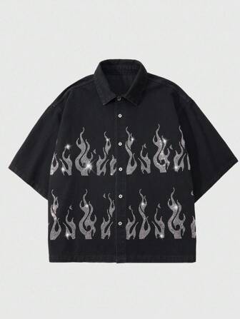 Street Life Men's Rhinestone Flame Print Short Sleeve Single-Breasted Loose Denim Shirt