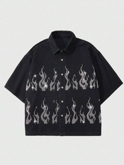 Street Life Men's Rhinestone Flame Print Short Sleeve Single-Breasted Loose Denim Shirt