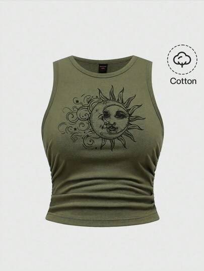Fairycore Plus Size Hippie Sun Cute Vacation Elastic Ruched Green Tank Top Suitable For Going Out,Back To School
