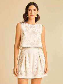 CAJUNI 女士高腰杏色复古印花半透明休闲沙滩短裤，适合夏季度假 - 彩色 - 查看 1