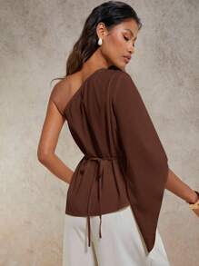 COSMINA Damen elegante Bluse mit Metalldekor, geraffter schräger Schulter, Frühling/Sommer - Braun - Übersicht 2