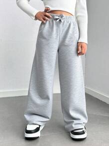 SHEIN Explorewe 女童阔腿运动裤，蝴蝶结腰带，蝴蝶印花，休闲校园风，灰色，适合秋冬季返校季穿着。