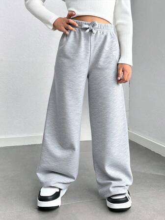 SHEIN Streecool Kids Girls' Wide Leg Pants With Bow Waist, Butterfly Print, Casual School Outfit, Grey Color, Back To School