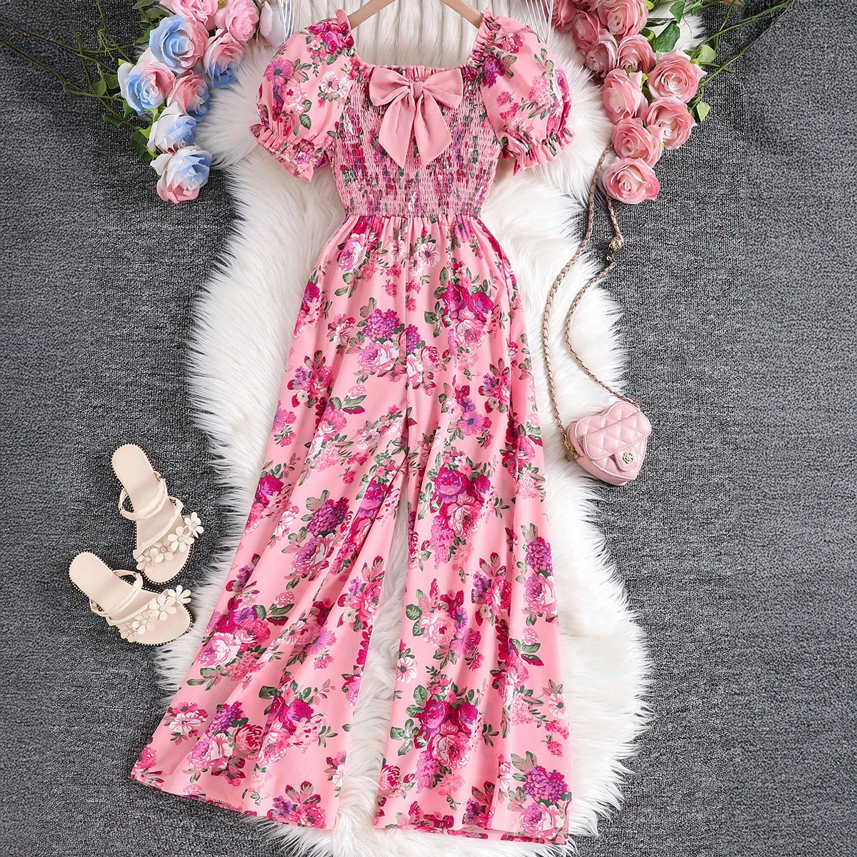 Mono con estampado total, cuello cuadrado y mangas abullonadas para niñas, estilo de vacaciones de verano