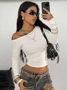 Coolane 女士秋季音乐会狂欢节外出 Y2K 复古针织不对称领口长袖 T 恤 - 白色 - 查看 2