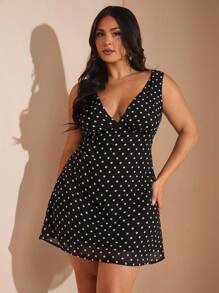 SHEIN BAE Christmas Plus Size Black And White Polka Dot Print V-Neck Sleeveless A-Line Fitted Mini Dress For Women, Vacation Summer Dress Low Cut Costume - Black - View 4
