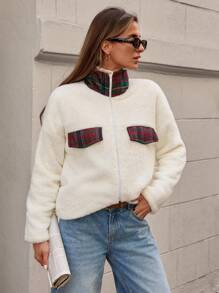 EURMUSE 贴领长袖蓬松大衣 - 白色 - 查看 5