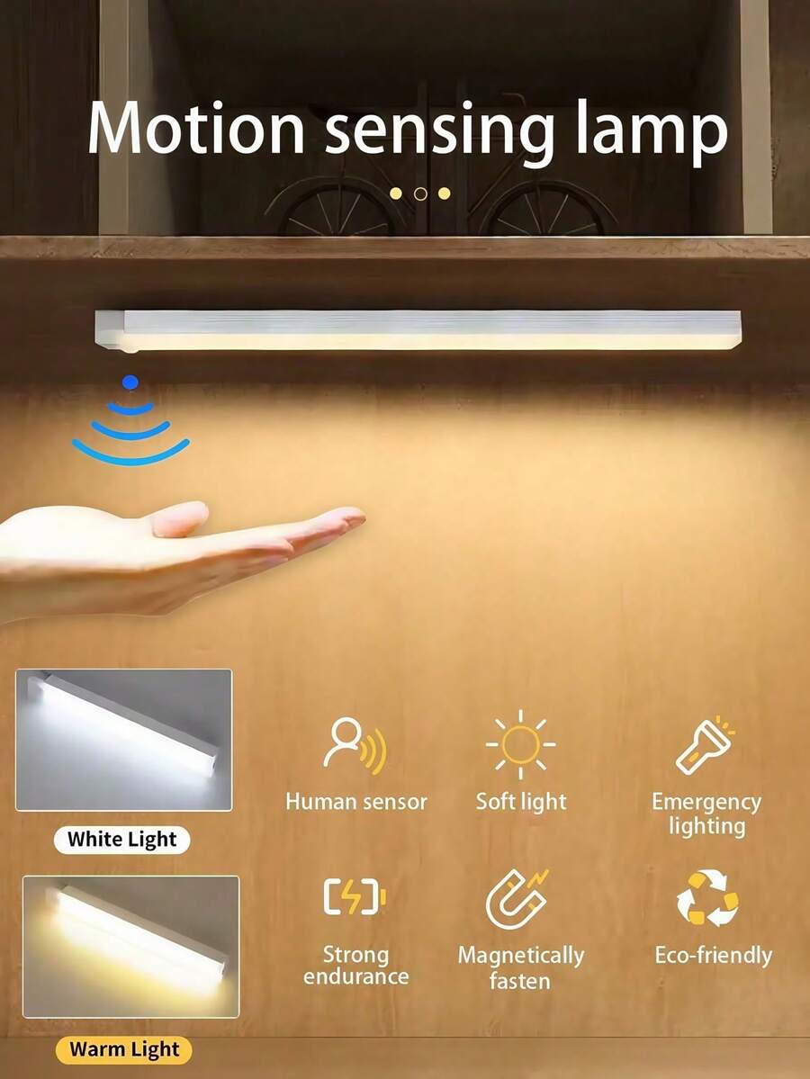 1 件 LED 运动传感器夜灯，白色/暖白色 USB 可充电 LED 橱柜灯，磁性橱柜下无线照明，适用于衣柜、橱柜、楼梯、储藏室 - 白色 - 查看 1