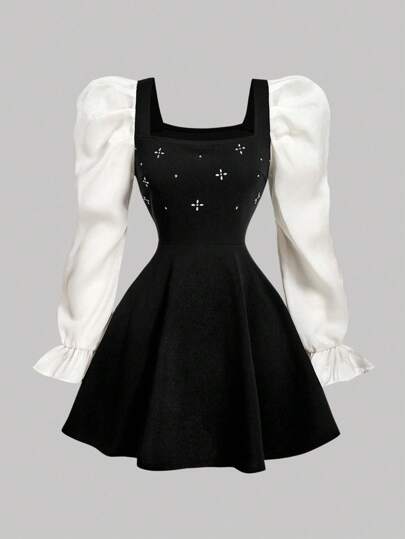 SHEIN MOD Square Neck Gigot Sleeve Ruffle Trim Rhinestone Decor Black A-Line Dress
