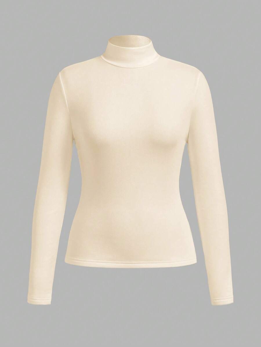 SHEIN BASICS 秋冬季基本款高领修身长袖纯色女式上衣，升级保暖内衬，时尚、休闲、舒适、百搭，不会显得臃肿 - 杏色 - 查看 1
