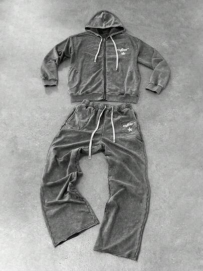 PAVTROS 2 件男士休闲街头风格连帽衫套装，宽松棉质面料，做旧水洗，实用口袋，简约设计，适合休闲、运动、日常穿着、时尚装扮、街头风格；男女通用节日礼物男士运动服套装男士运动服套装男士慢跑套装男士 2 件套装补丁 2 件套装男士街头