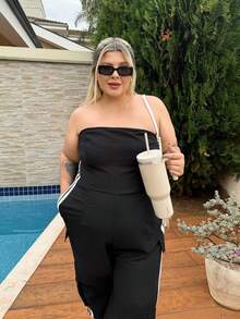 magalhaesca Plus Size Fashionable Jumpsuit, Suitable For Back To School, Outing, Campus Style, Daily Wear, Contrast Striped Patchwork Large Pocket Design, Stylish And Likable - Black - View 4