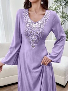Al Najma Women's Floral Print Decorated Long Sleeve Side Tied Arabian Dress - Purple - View 5