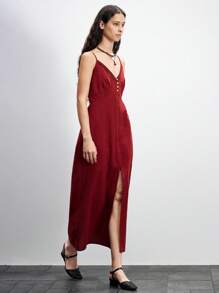 Lumivelle Women's Burgundy Summer Chic Cotton Maxi Dress, Deep V-Neck Spaghetti Strap High Slit Long Dress,Boho Dinner Date Elegant A-Line Vacation Resort - Burgundy - View 4
