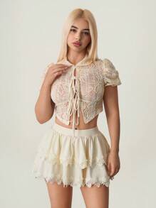Sweetina Summer Elegant Jacquard Tie-Up Puff Sleeve Top & Lace Trim Cake Skirt Set - Apricot - View 3