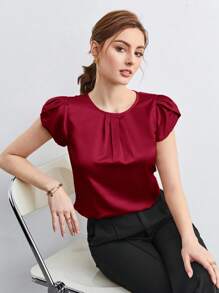 BizChic Women's Solid Color Round Neck Pleated Decor Batwing Sleeve Loose Casual Blouse, Basic Urban Commute Style, Elegant And Fashionable Business Casual Outfit For Ladies, Teachers, Office Wear