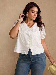 Roveilla Plus Size Women's Casual Elegant Vintage Embroidered Puff Sleeve Blouse Eyelet Blouse Blouse Summer Eyelet Top Button Up Top Blouses For Women - Apricot - View 8