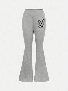 SHEIN Girlism 少女灰色/秋/冬/针织休闲宽松爱心印花卫衣和喇叭裤两件套 - 灰色 - 查看 8