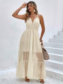 SHEIN Clasi Gaun Cami Bertekstur untuk Liburan Wanita Ukuran Plus dengan Hemline Berumbai dan Pinggang yang Diikat - Khaki - View 3