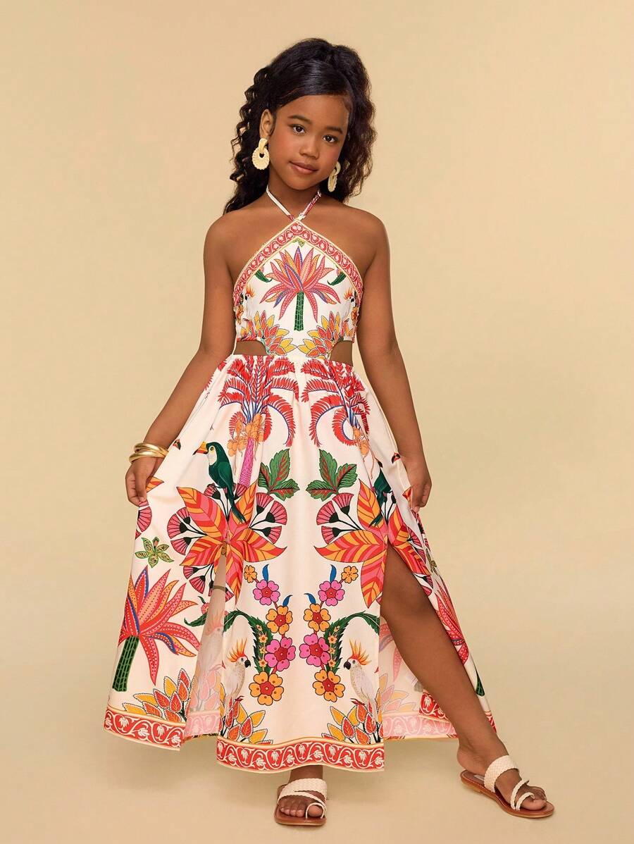 Travachic KIDS 青少年女孩夏季假期休闲花卉印花侧开衩下摆挂脖连衣裙 - 彩色 - 查看 1