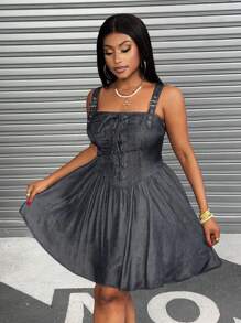 Maweii 大码女式牛仔露肩吊带连衣裙，收腰性感A字迷你裙 - 灰色 - 查看 3