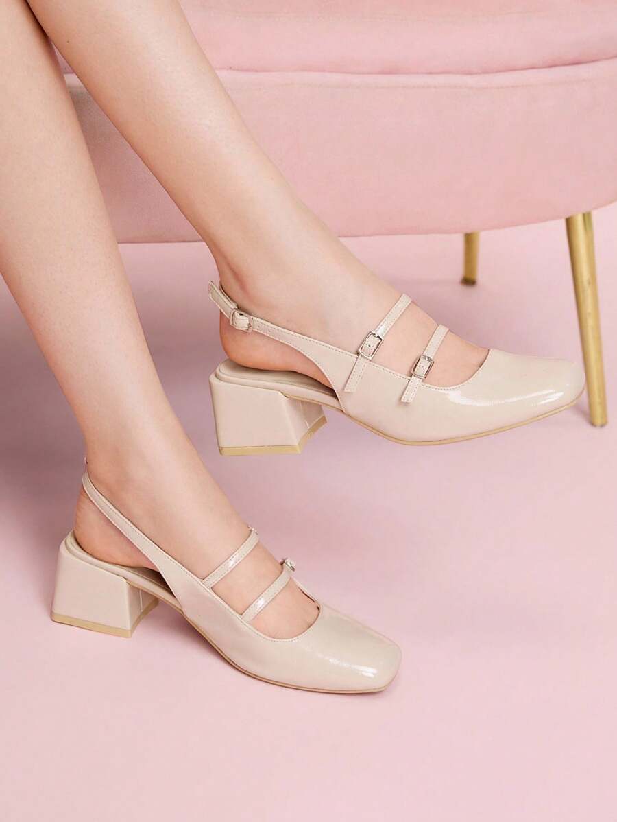 CUCCOO DOLLMOD Décolleté con fibbia in vernice color albicocca, punta quadrata, stile fashion senza tallone, tacco largo, stile romantico da scuola, adatto per primavera/autunno - Albicocca - Visualizzare 1