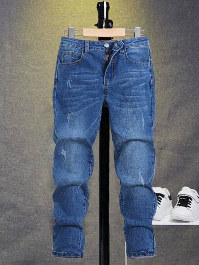 SHEIN Jeans ajustados cómodos y elásticos con diseño lavable azul vintage cool de estilo casual Y2K para niños preadolescentes, ropa diaria suave, ropa de verano y otoño para festivales rave y playa, ropa de calle y escuela en invierno